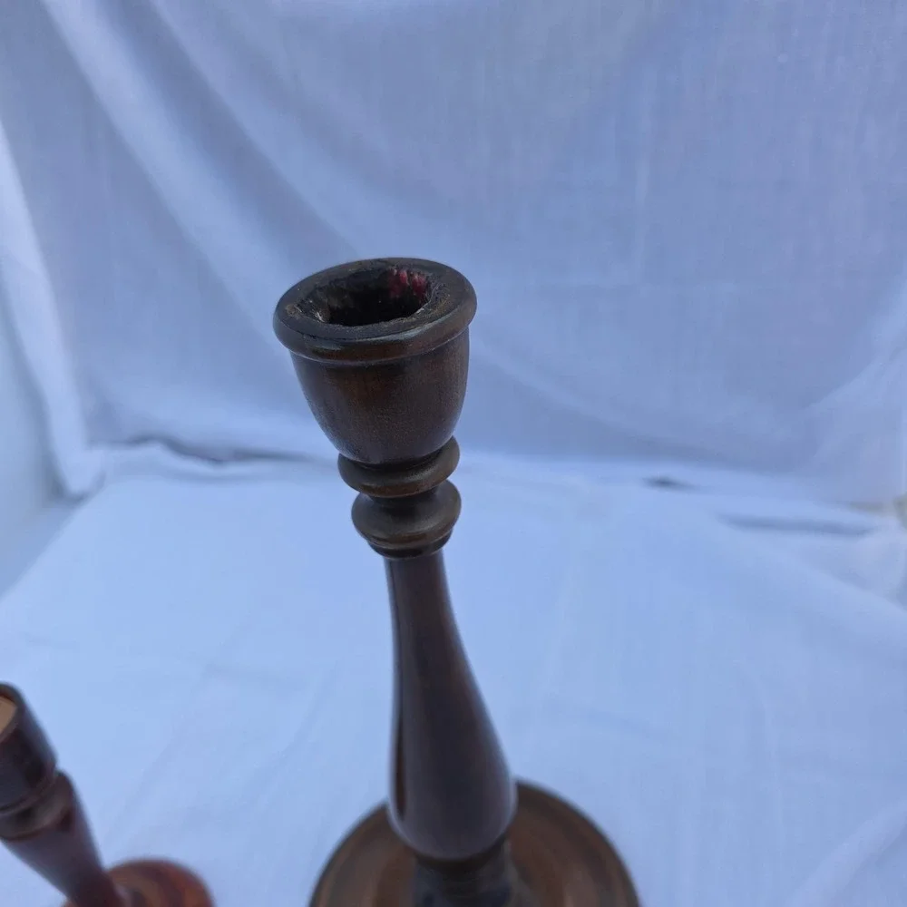 Vtg‎ Wood Candlestick Holders Pair Brown Turned Pedestal Taper Spindle Decor